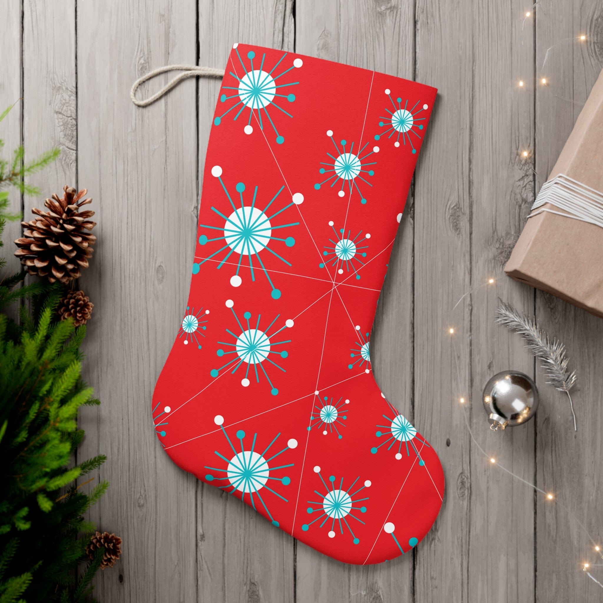 Mid Century Modern Christmas Stocking, Atomic Starburst, Aqua, White, Retro Santa Stocking Home Decor 13&quot; × 19.3&