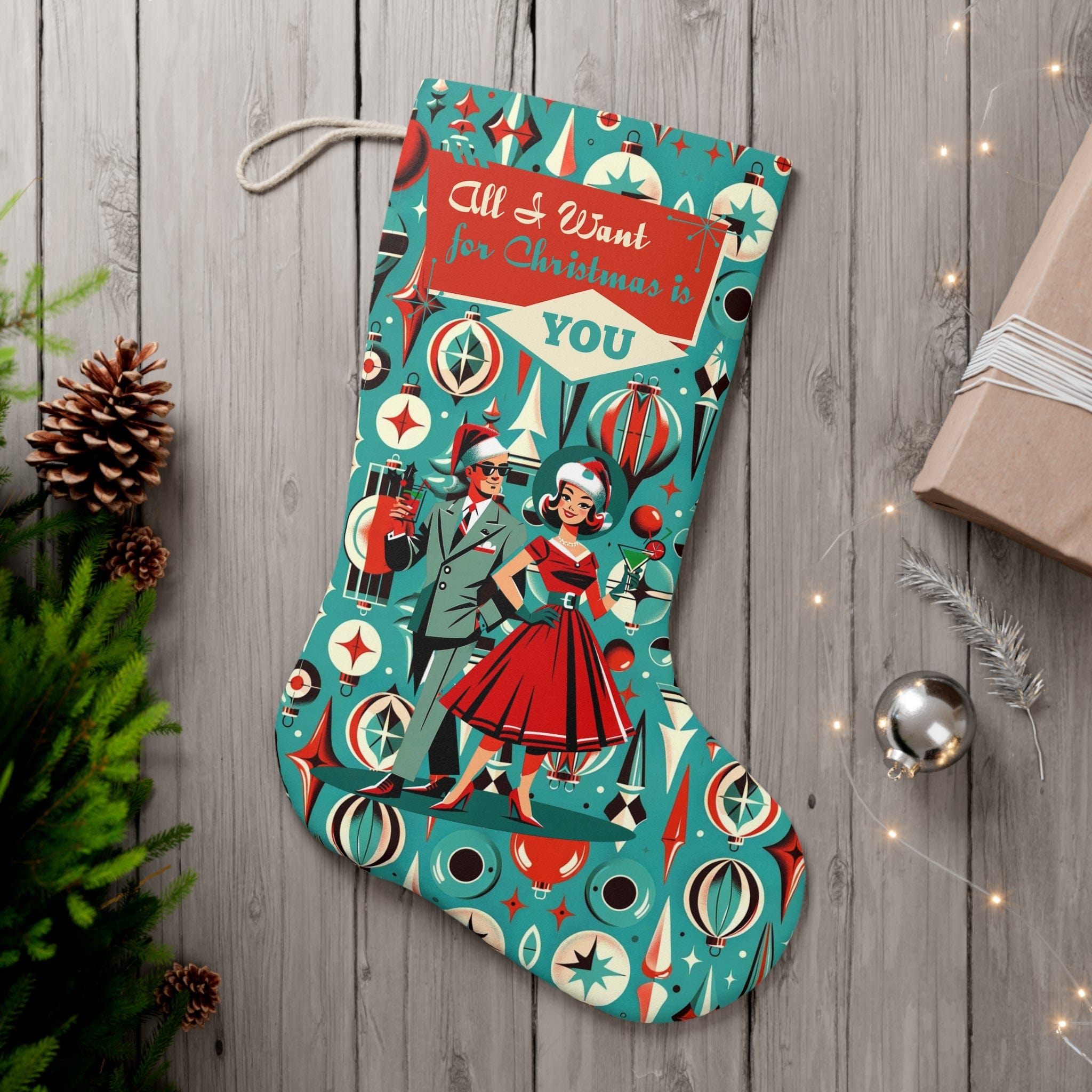 Mid Century Modern Vintage 50's Christmas Santa Stocking, All I Want For  Christmas Is You, Retro Couple Teal And Red Retro Holiday - 7790058143899