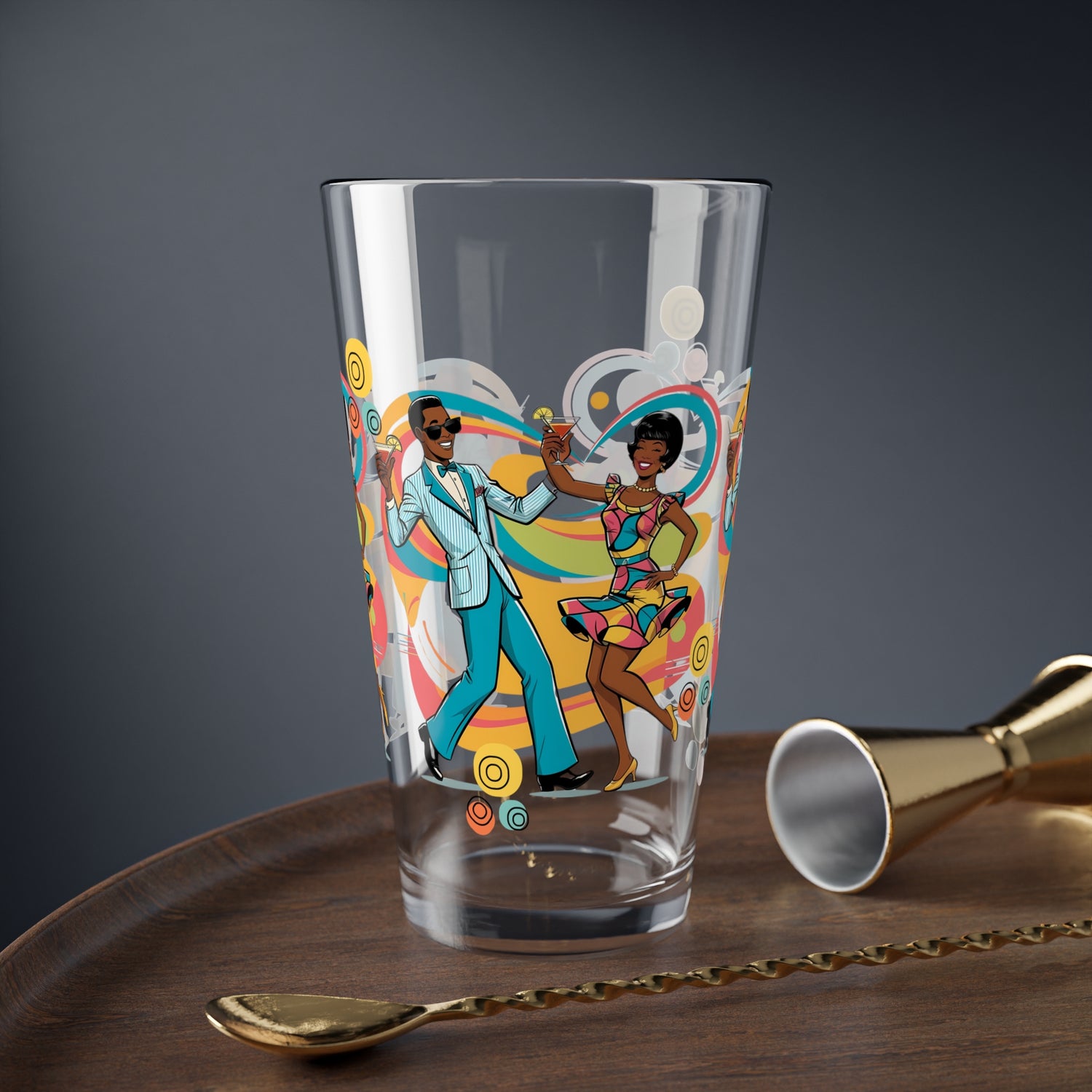 Mid Century Modern Barware, Black Couple, Retro Cocktail Mixing Glass - 16oz with Vibrant Dance Design - Mid Century Modern Gal