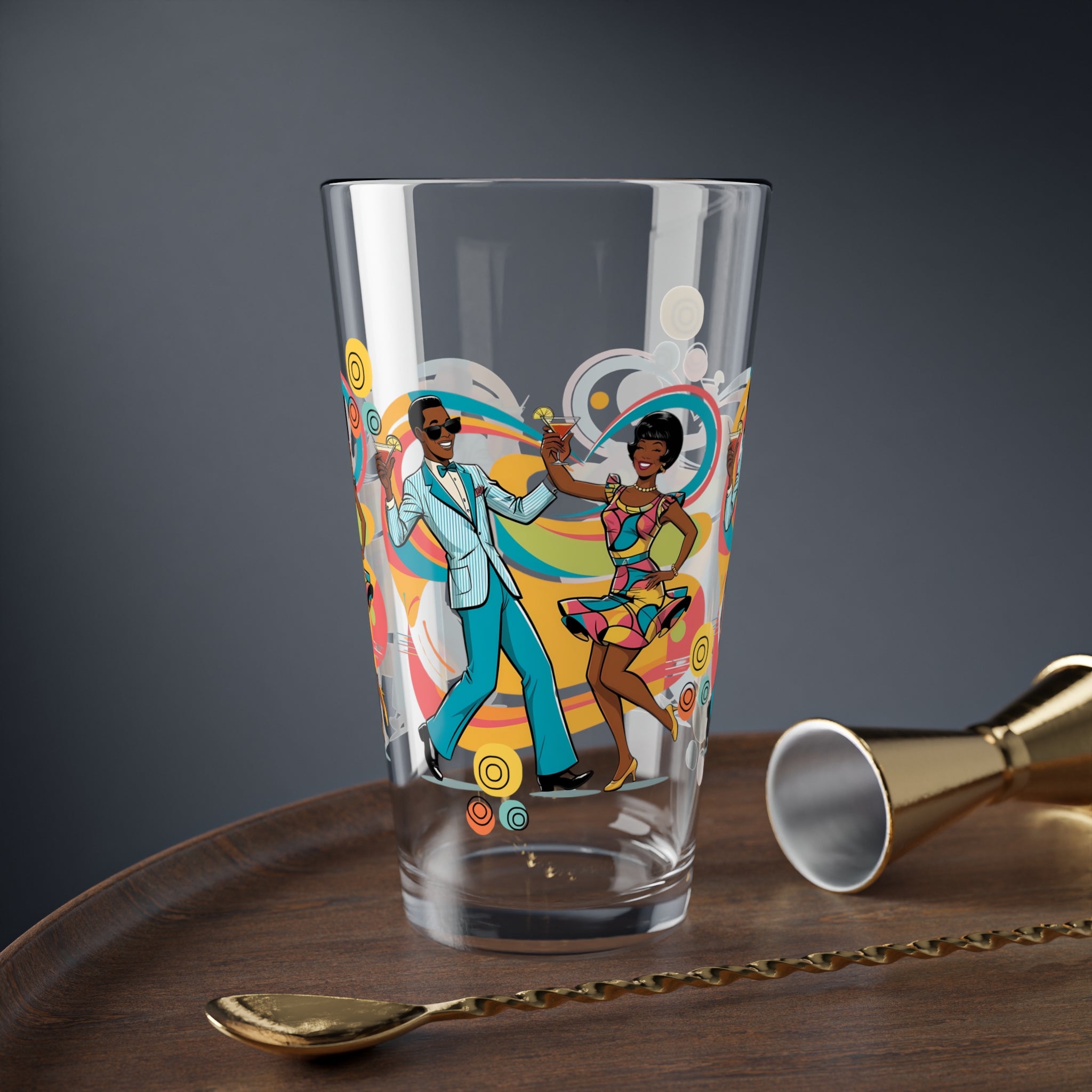 Mid Century Modern Barware, Black Couple, Retro Cocktail Mixing Glass - 16oz with Vibrant Dance Design - Mid Century Modern Gal