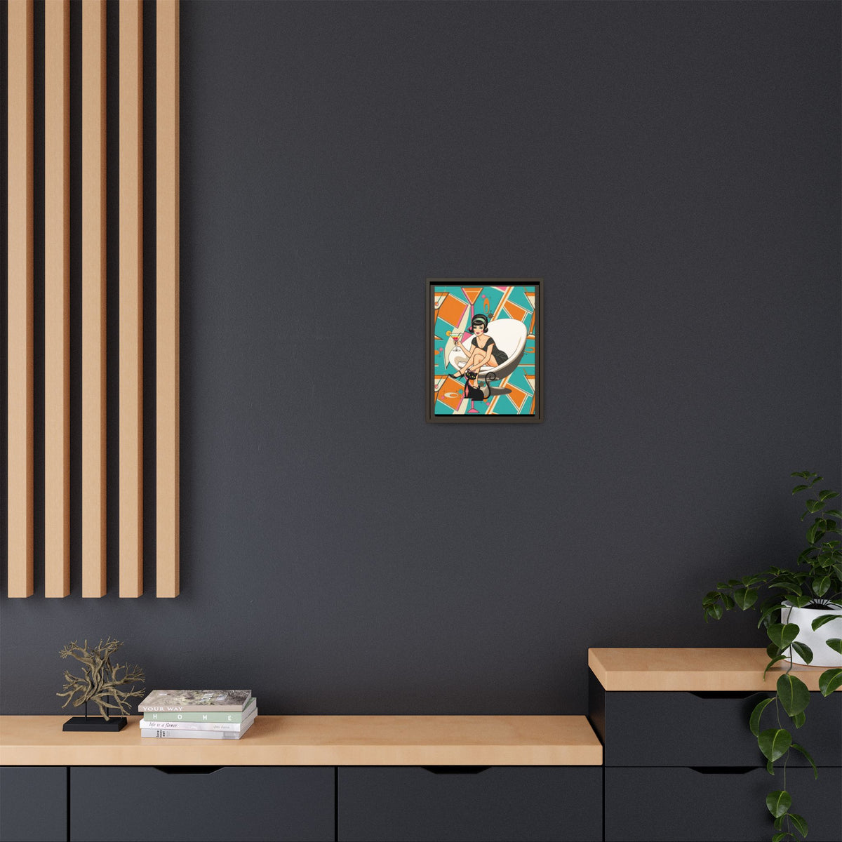Framed matte canvas wall art featuring a vintage cocktail and retro cat design in vibrant colors, perfect for mid-century decor.