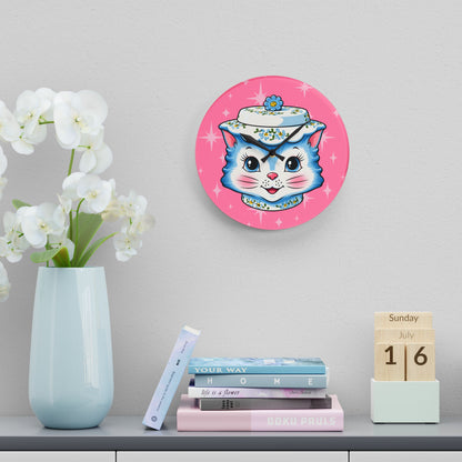 Mid Century Modern Kitschy Anthropomorphic Blue Cat with Floral Hat Acrylic Wall Clock