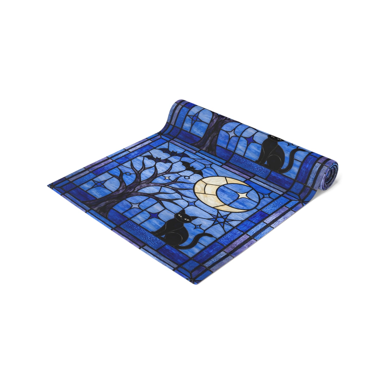 Halloween Stained Glass Style Night Sky Black Cat Table Runner