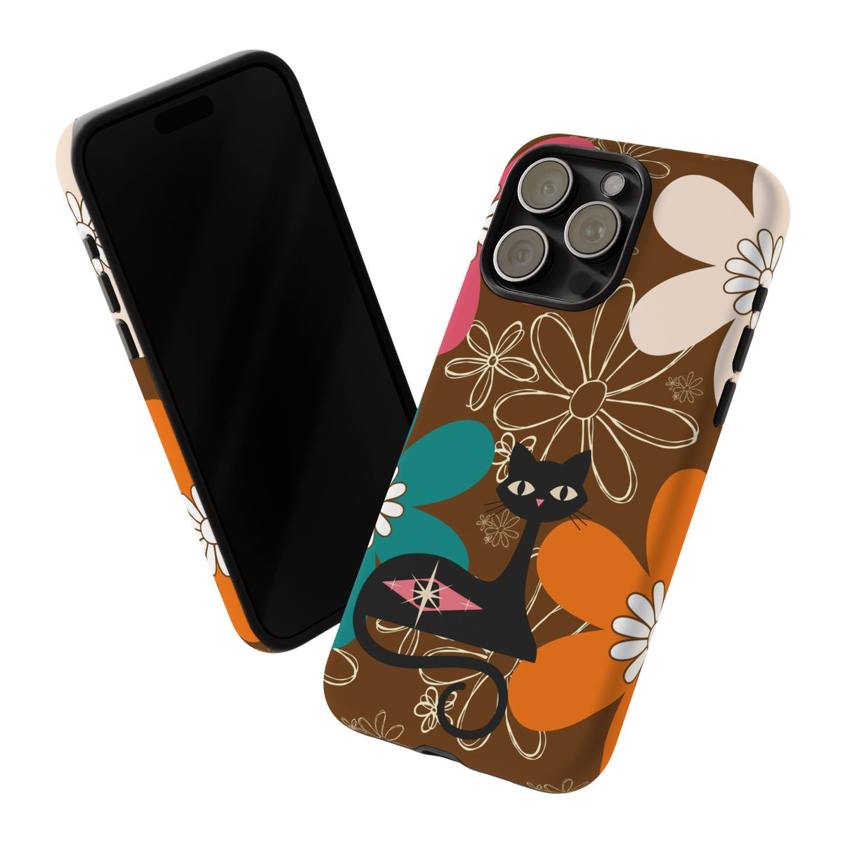 Atomic Cat Retro 70s Vibe Flower Power Tough Cases: Cute Floral and Cat Phone Case for Cat Lovers