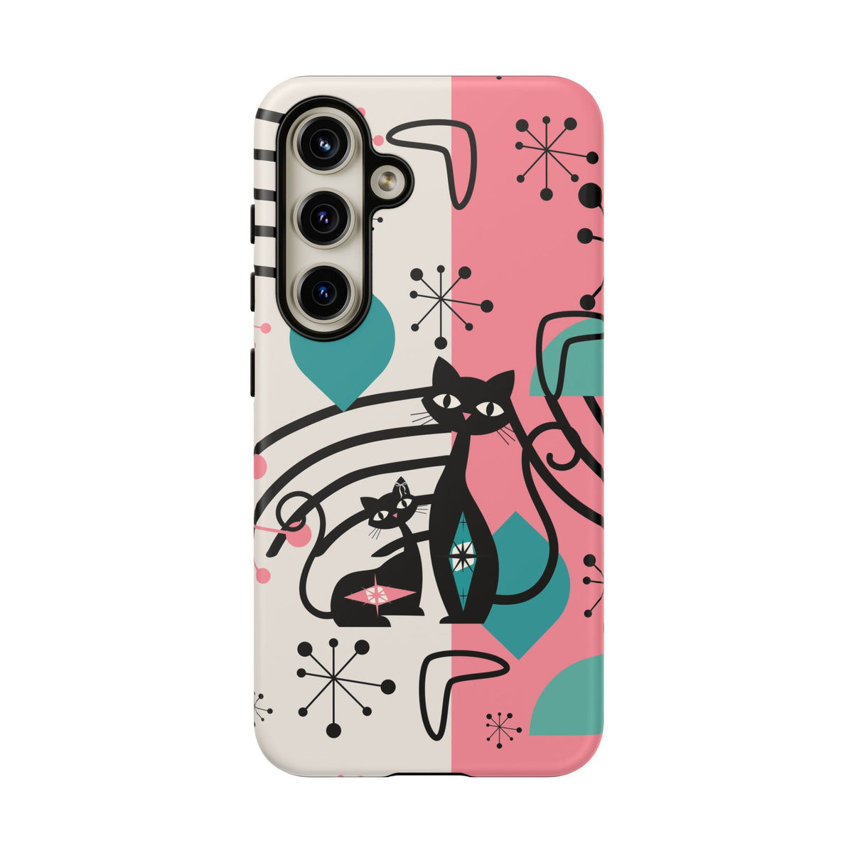 Mid Mod Atomic Cat Boomerang Starburst, Pink, Black Kitschy Stylish Cat Phone Case: Modern Design for Cat Lovers - Mid Century Modern Gal