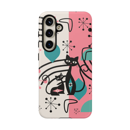 Mid Mod Atomic Cat Boomerang Starburst, Pink, Black Kitschy Stylish Cat Phone Case: Modern Design for Cat Lovers - Mid Century Modern Gal