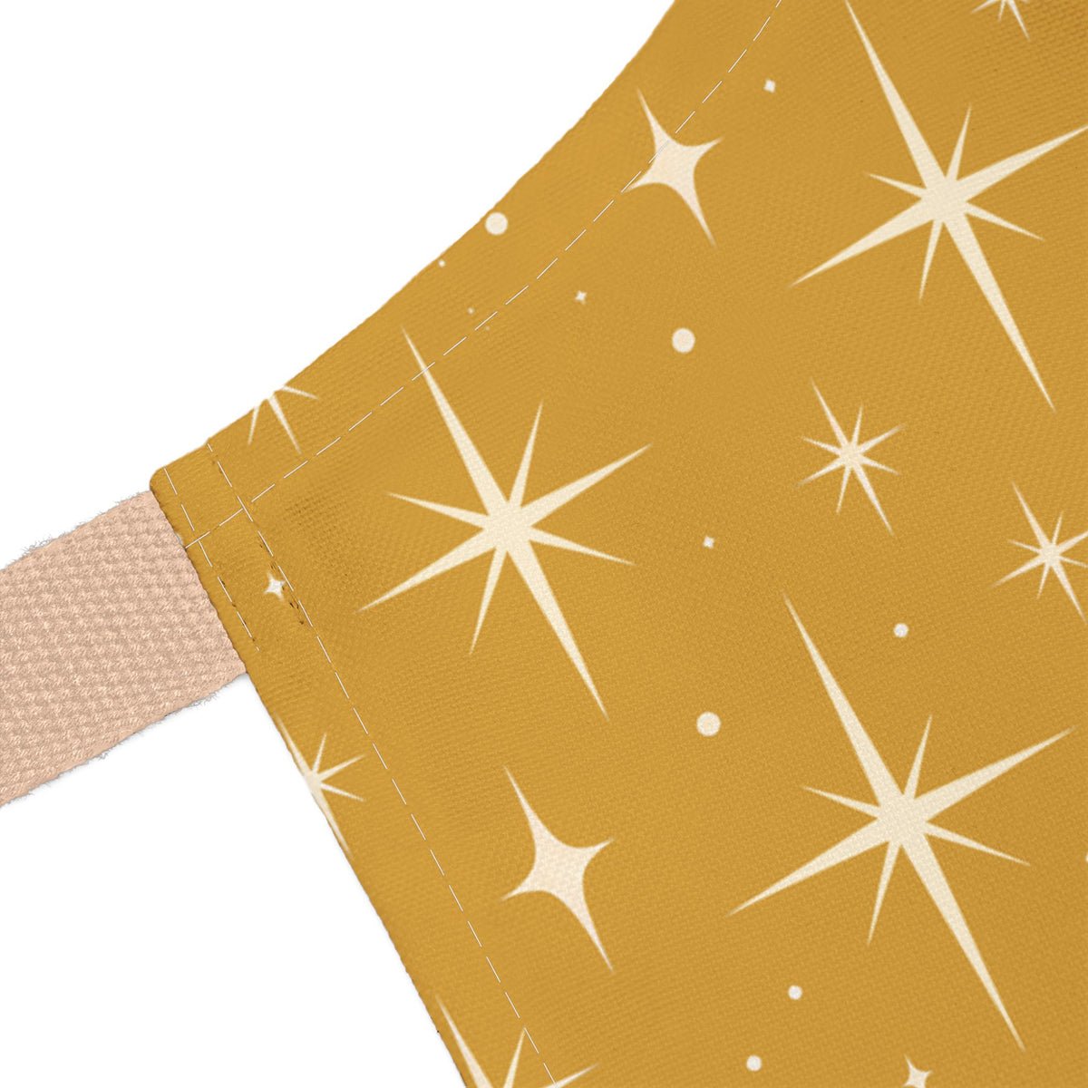 Mid Century Modern Christmas Glamour Gal Wrapping Presents by Tree, Gold Atomic Starbursts Apron