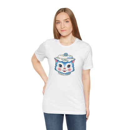 Mid Century Modern Kitschy Anthropomorphic Blue Cat with Floral Hat Unisex T-Shirt