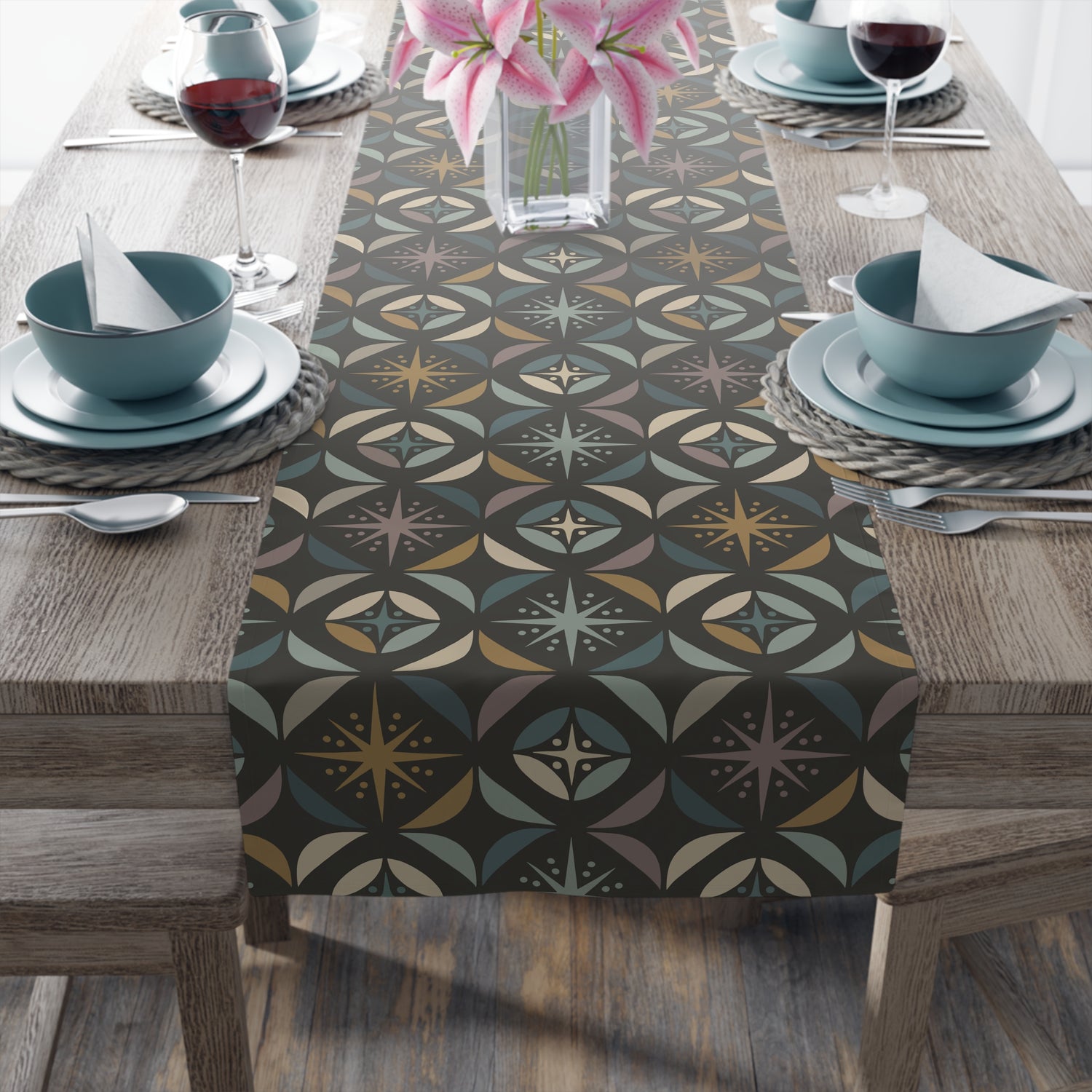 Mid Century Modern Elegant Gray Geometric Starburst Table Runner - Mid Century Modern Gal
