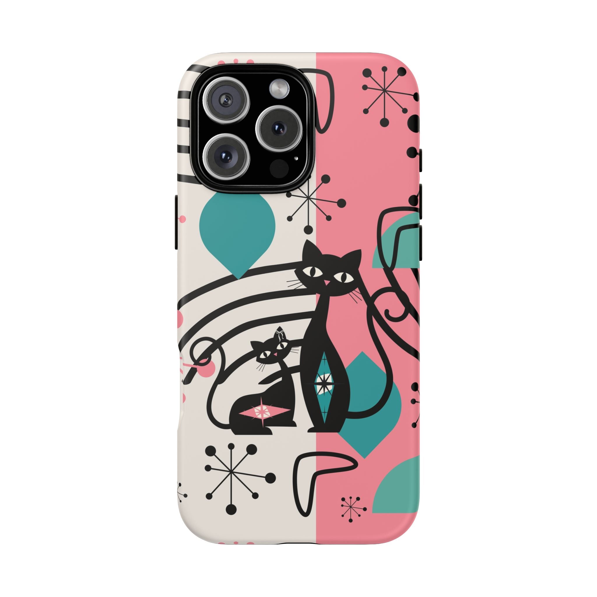 Mid Mod Atomic Cat Boomerang Starburst, Pink, Black Kitschy Stylish Cat Phone Case: Modern Design for Cat Lovers