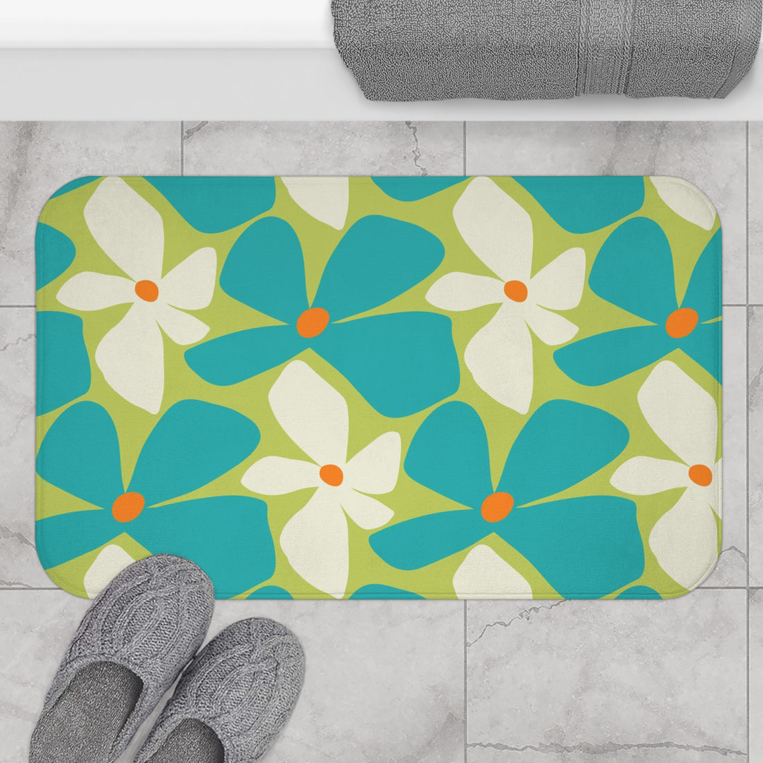 Retro Mod Flower Power Green Teal Happy Floral Bath Mat - Mid Century Modern Gal