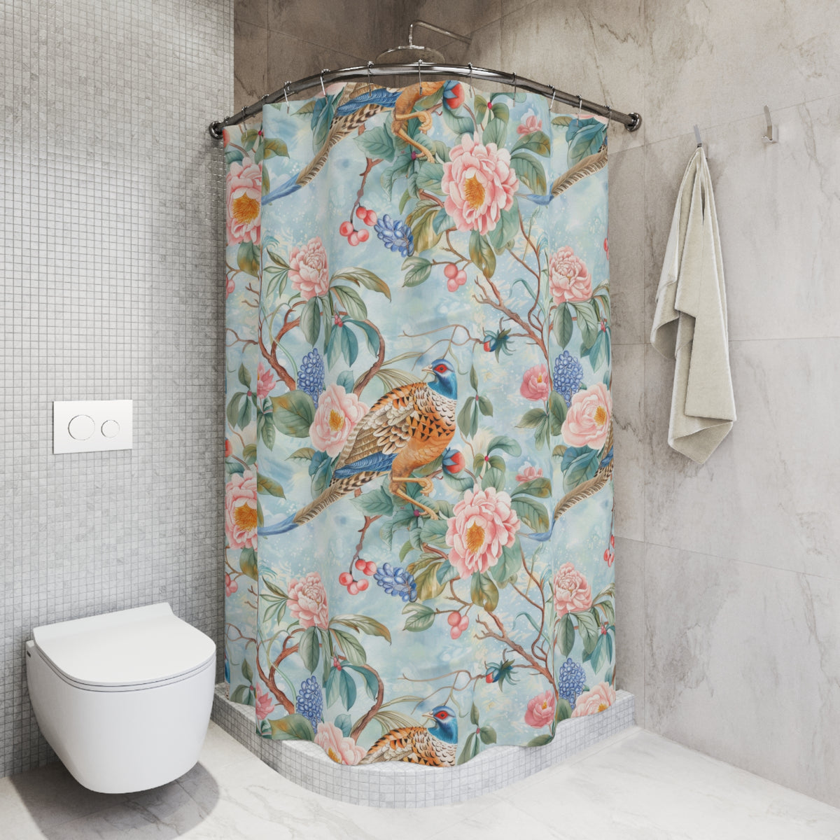 Chinoiserie Designed Shower Curtain Floral Blue , Pink Cottagecore Beautiful Botanical Shower Curtain - Mid Century Modern Gal