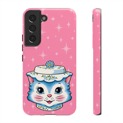 Mid Century Modern Kitschy Anthropomorphic Blue Cat with Floral Hat Tough Phone Case