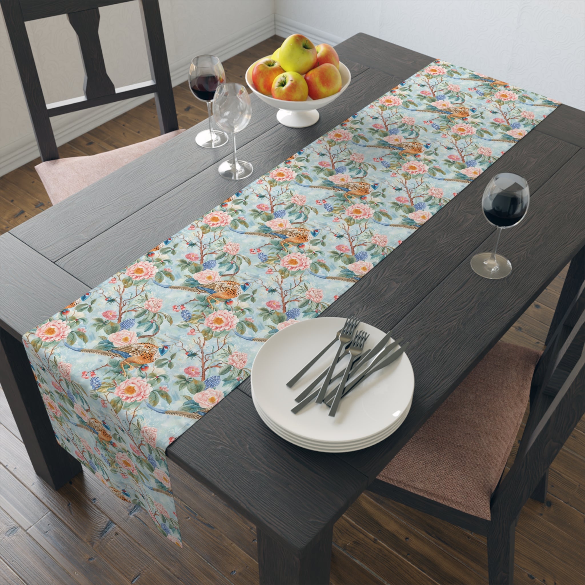 Chinoiserie Botanical Floral Table Runner - Elegant Table Linen Centerpiece for Home Decor