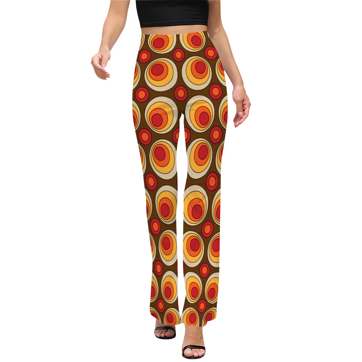 70s Style Women's Flared Pants, Groovy Orbs, Brown Orange, Yellow Hip Fun Apparel - Mid Century Modern Gal