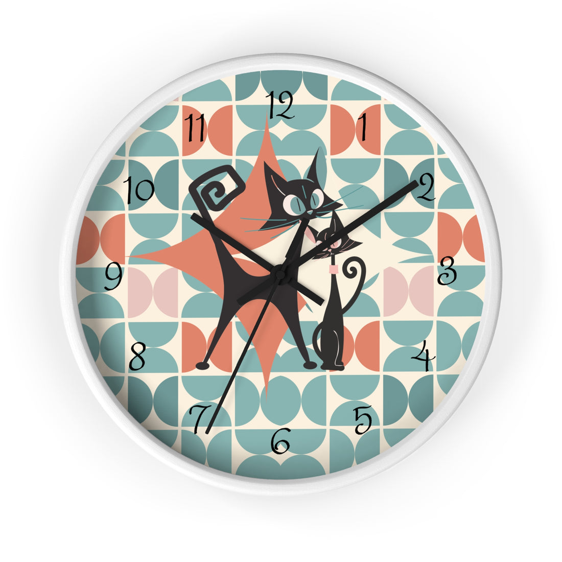 Kitchen Clock, Atomic Cat Retro Mid Century Modern Style With Scandinavian Designed Geometric Shapes, 50s Wall Clock For Cat Lovers