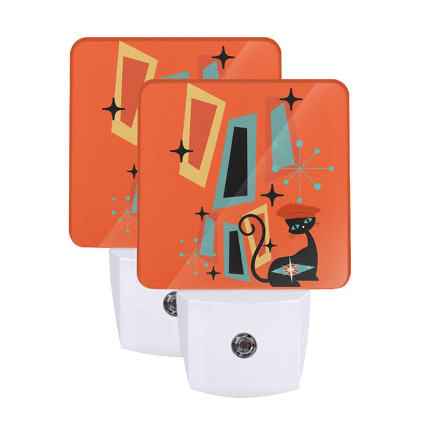 Atomic Cat Mid Century Modern Sinatra Orange Geometric Retro LED Night Light Set of 2