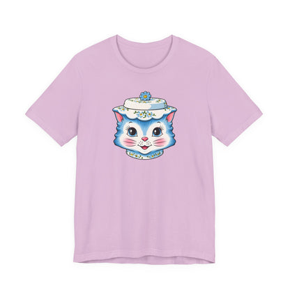 Mid Century Modern Kitschy Anthropomorphic Blue Cat with Floral Hat Unisex T-Shirt