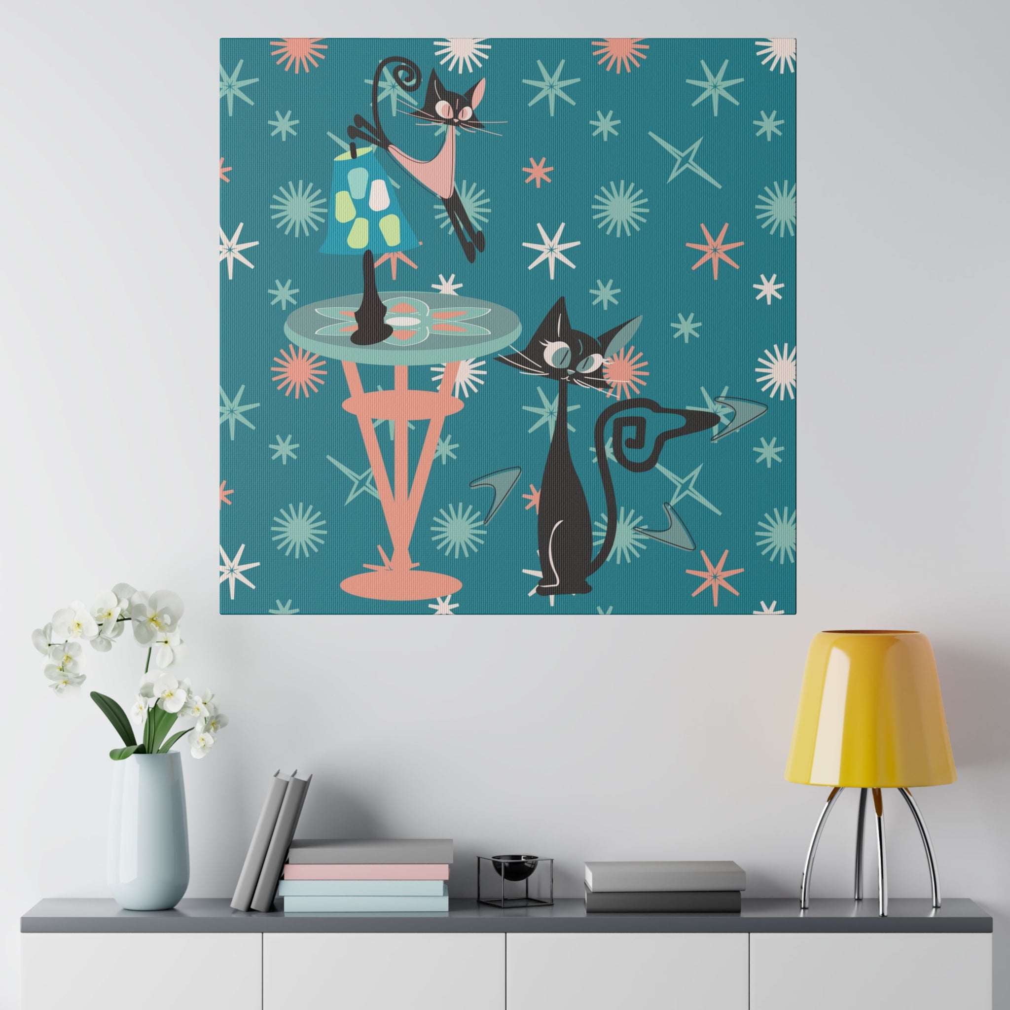 Crazy Atomic Cats, Cat Mom, Kitschy Mid Century Modern Teal Blue, Coral Pink, Mid Century Modern Wall Art