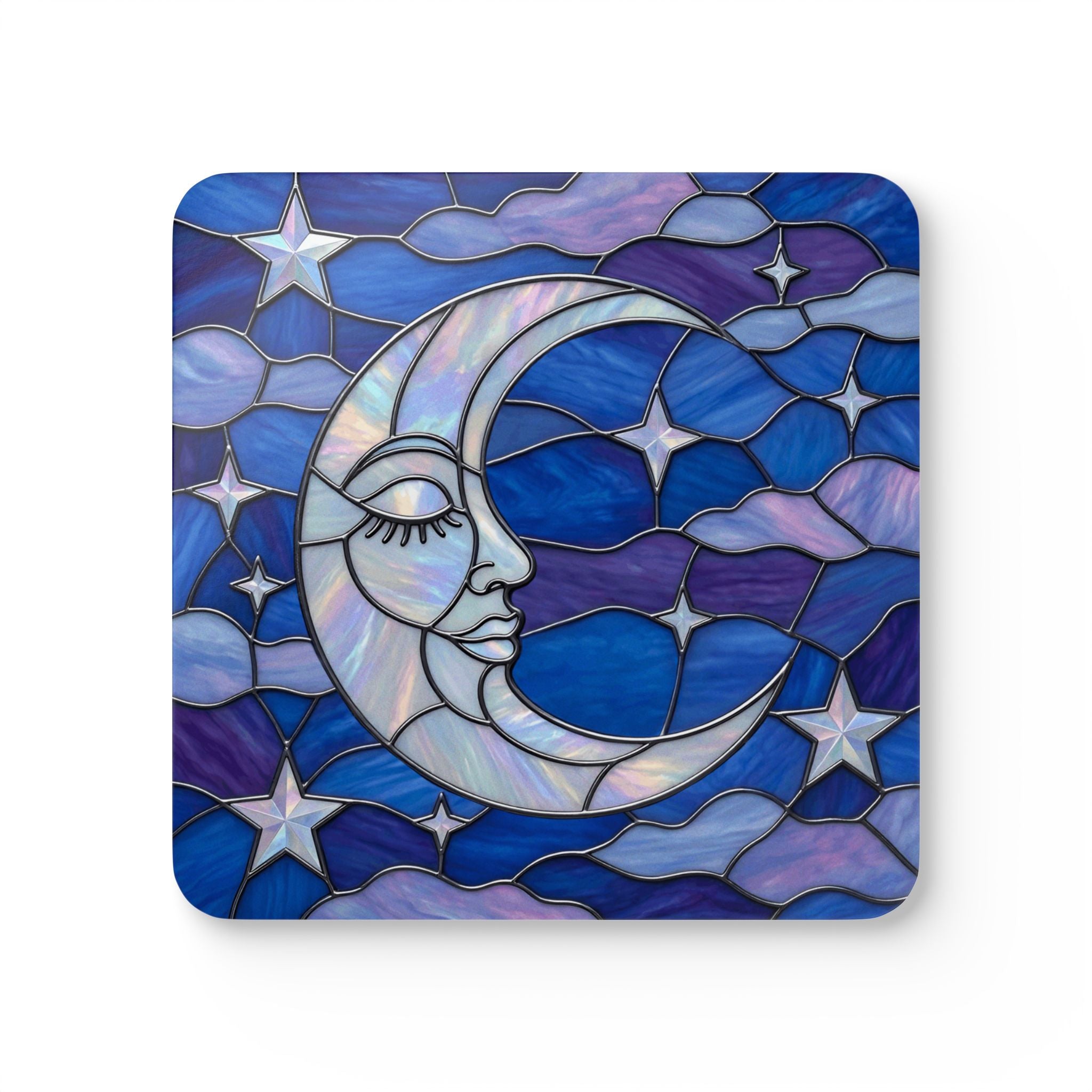 Halloween Stained Glass Style Night Sky Crescent Moon Stars Clouds Corkwood Coaster Set