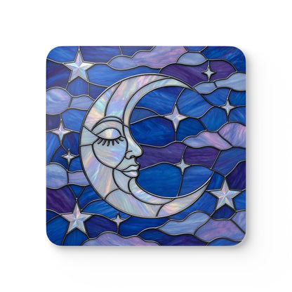 Halloween Stained Glass Style Night Sky Crescent Moon Stars Clouds Corkwood Coaster Set