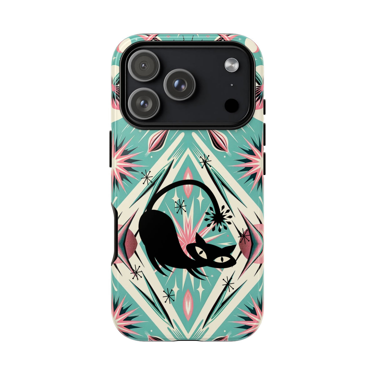 Atomic Cat, Mid Century Modern Aqua Blue, Pink, Starbursts Tough Phone Case