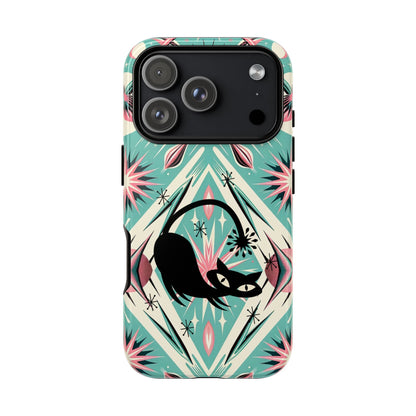 Atomic Cat, Mid Century Modern Aqua Blue, Pink, Starbursts Tough Phone Case