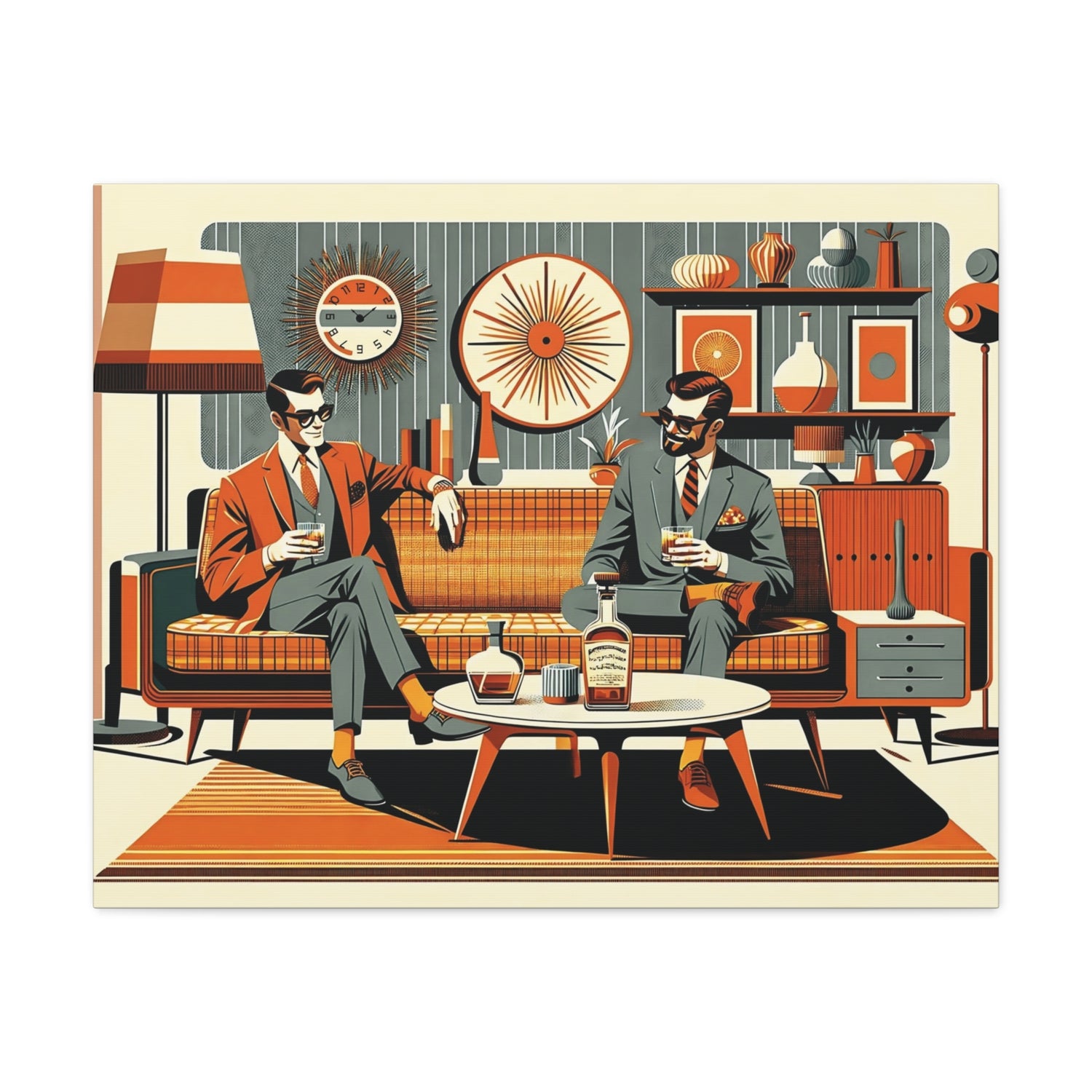 Mid Century Modern Mod Dude, Gay Male Couple Drinking Bourbon, MCM Art