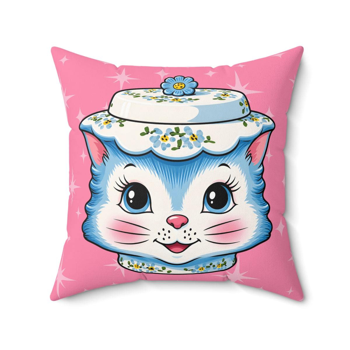 Mid Century Modern Kitschy Anthropomorphic Blue Cat with Floral Hat Pillow Cover and Insert - Mid Century Modern Gal