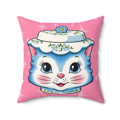 Mid Century Modern Kitschy Anthropomorphic Blue Cat with Floral Hat Pillow Cover and Insert - Mid Century Modern Gal