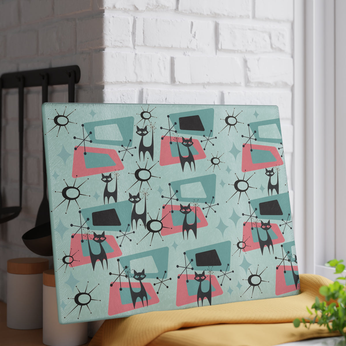 Atomic Space Cat, Cheese Board, Party Glass Cutting Board - Mid Century Modern Gal