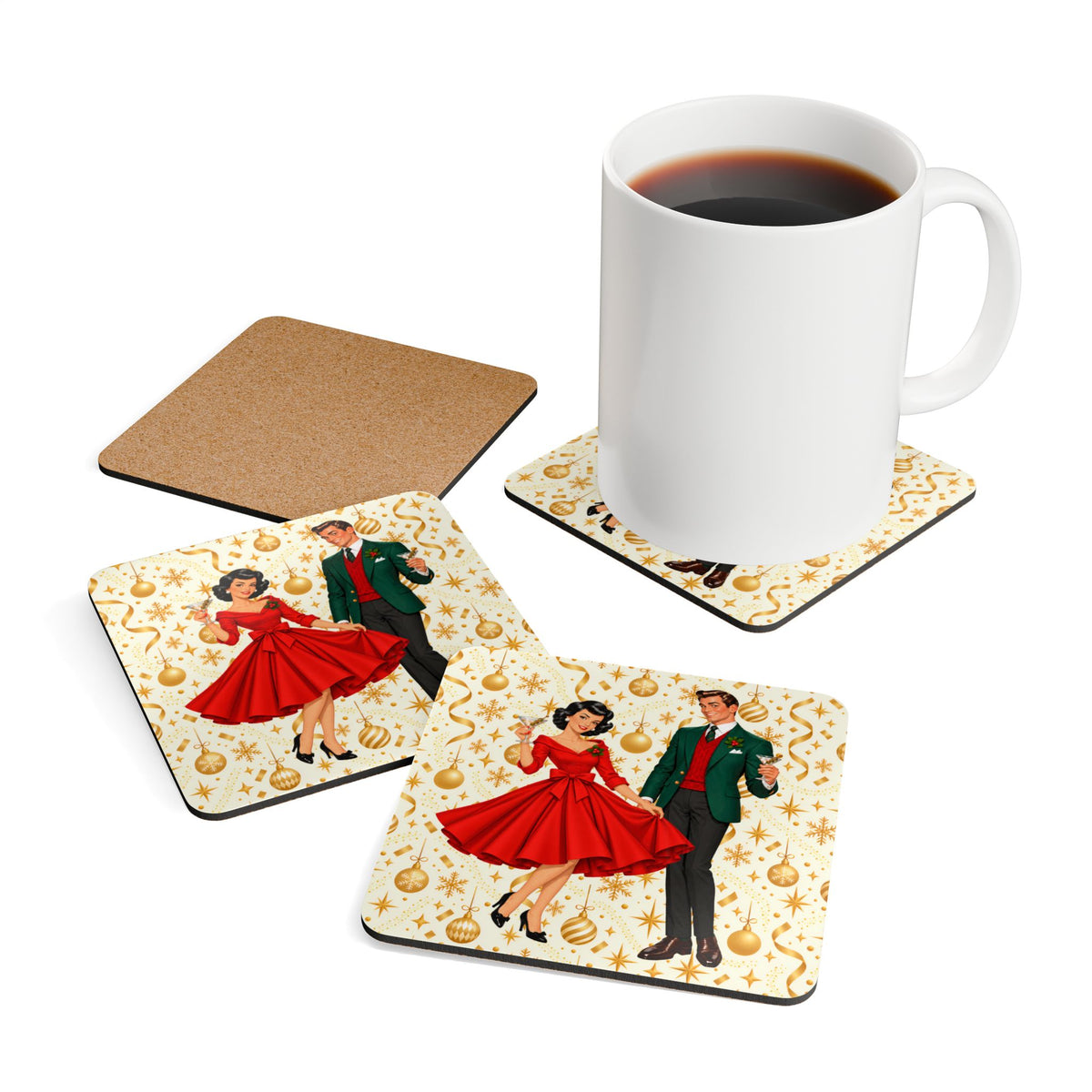 Mid Century Modern Christmas Party Martini Couple Corkwood Coaster Set - Mid Century Modern Gal