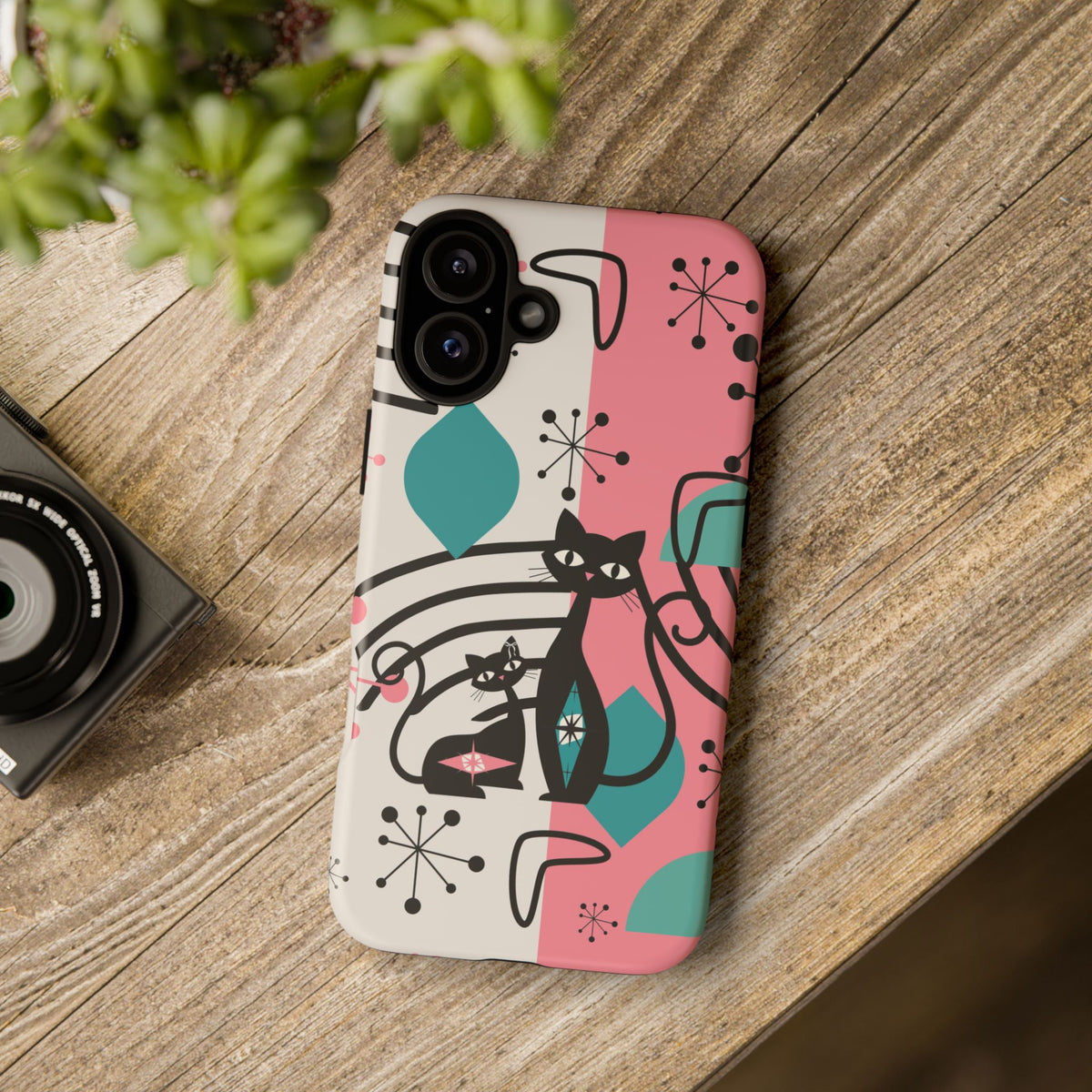 Mid Mod Atomic Cat Boomerang Starburst, Pink, Black Kitschy Stylish Cat Phone Case: Modern Design for Cat Lovers