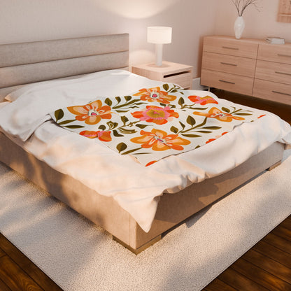Scandinavian Mid Century Modern Floral Velveteen Plush Blanket - Cozy, Soft Throw for Home Decor &amp; Gift Giving - Mid Century Modern Gal