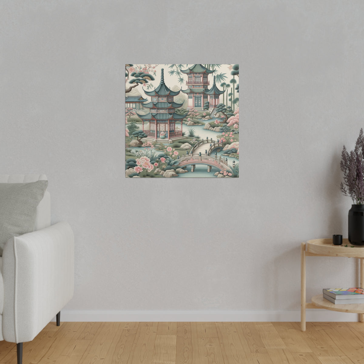 Chinoiserie Wall Art, Pagodas, Rivers, Pastel Southern Elegance Wall Art Matte Canvas - Mid Century Modern Gal