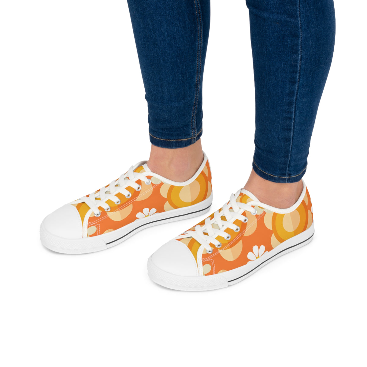 Retro 70s Floral Women's Low Top Sneakers - Trendy Orange Design - Mid Century Modern Gal