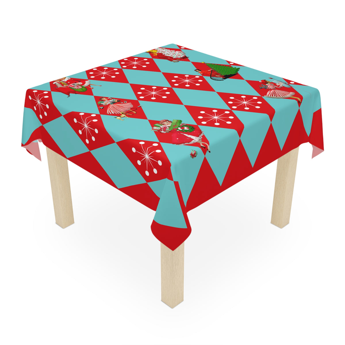 Christmas Tablecloth, Holiday Red, Aqua Harlequin Diamond 50s Gals Kitschy Christmas Table Decor - Mid Century Modern Gal