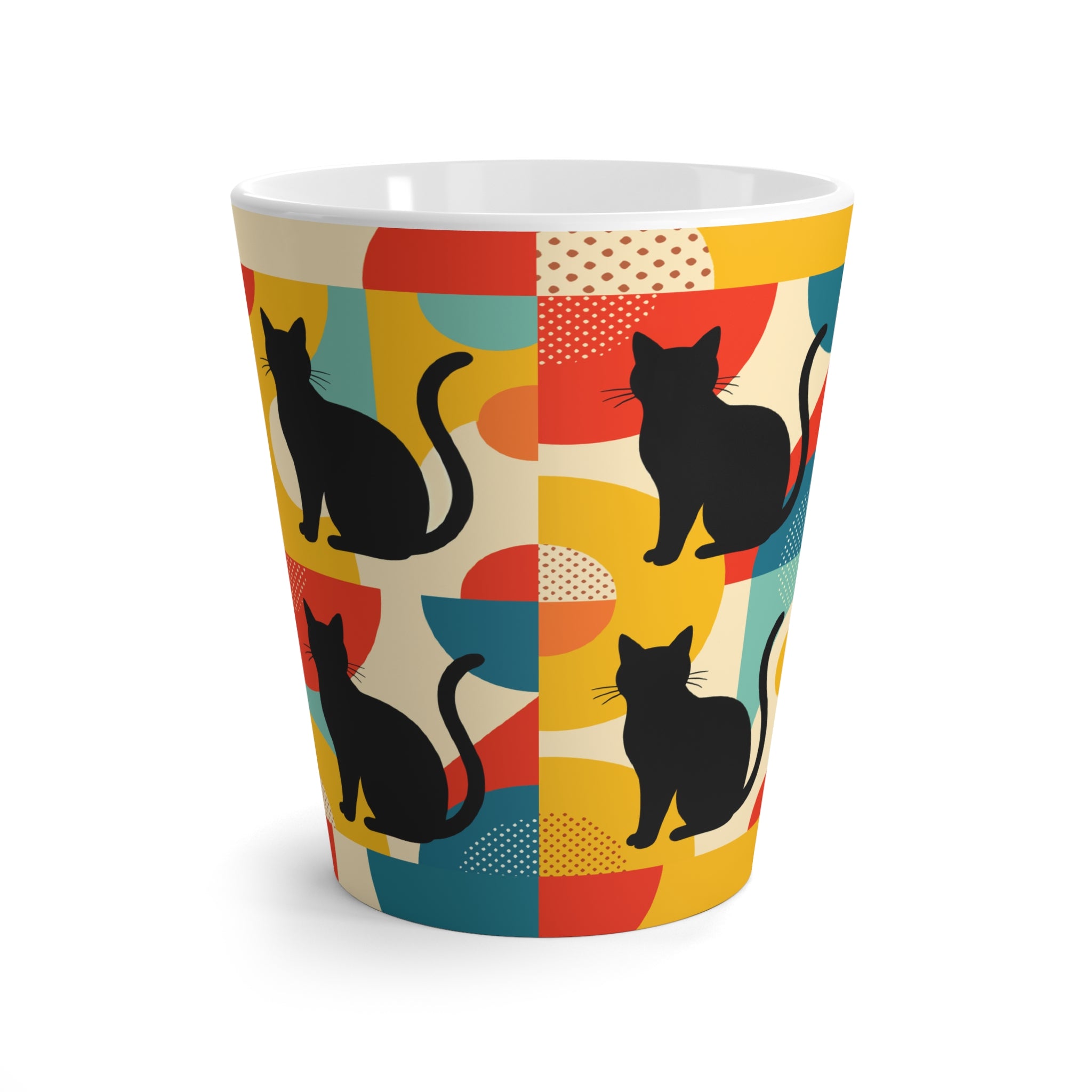 Pop Art Black Atomic Cat, Red Blue Yellow, Latte Mug - Mid Century Modern Gal