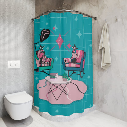 Mid-Century Modern Shower Curtain - Retro Cat Design For Book Lover, Book Club Gals Stylish Bathrooms - Mid Century Modern Gal