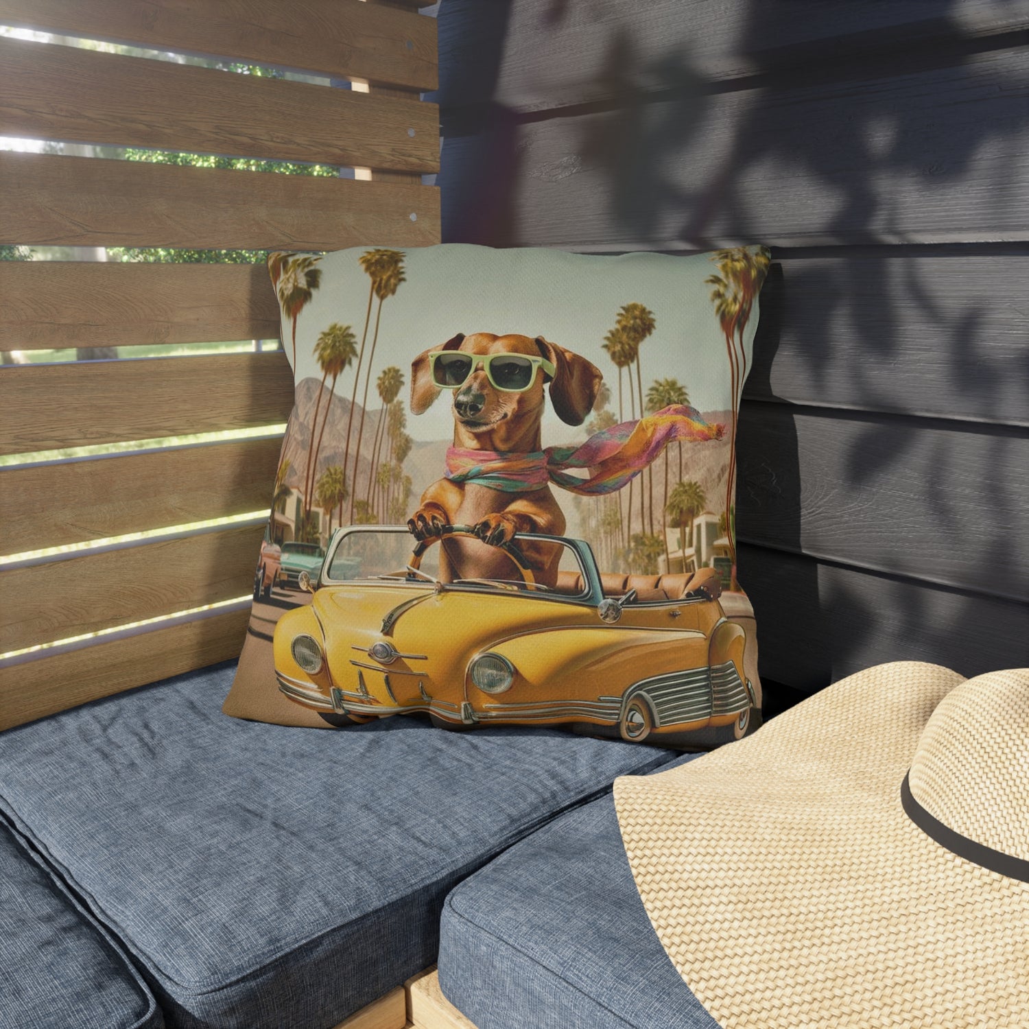 Doxie Dog, Retro Palm Springs Cali Kitschy Fun Outdoor Pillows - Mid Century Modern Gal