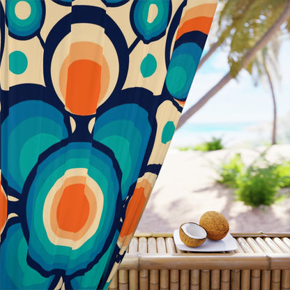 Mid Century Modern Groovy Orbs, Orange, Blue Geometric Mid Mod Retro Window Curtains (1 Piece) - Mid Century Modern Gal