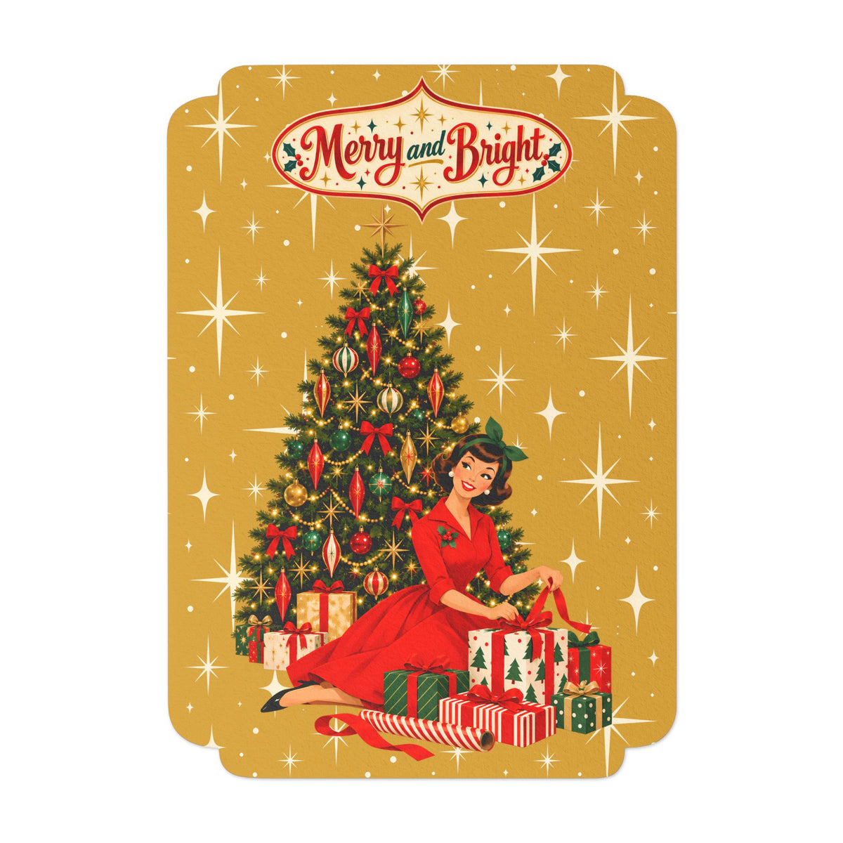 Mid Century Modern Christmas Glamour Gal Wrapping Presents by Tree, Gold Atomic Starbursts Flat Postcard Style Christmas Greeting Cards