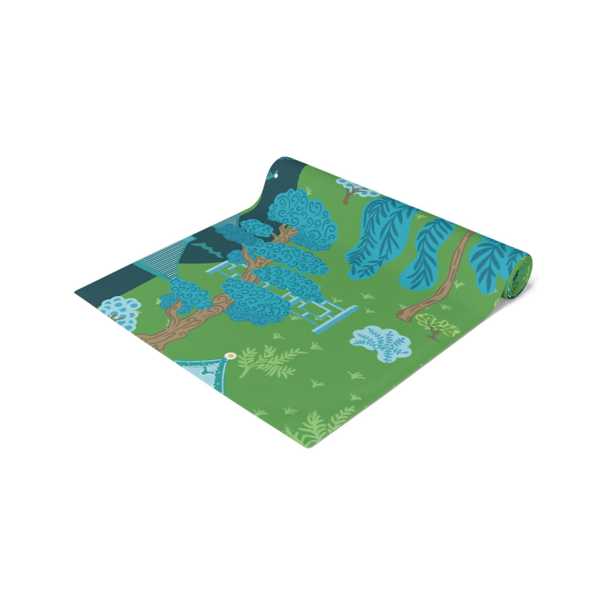 Chinoiserie Pagoda Blue, Green Tranquil Asian Inspired Table Setting Runner - Mid Century Modern Gal