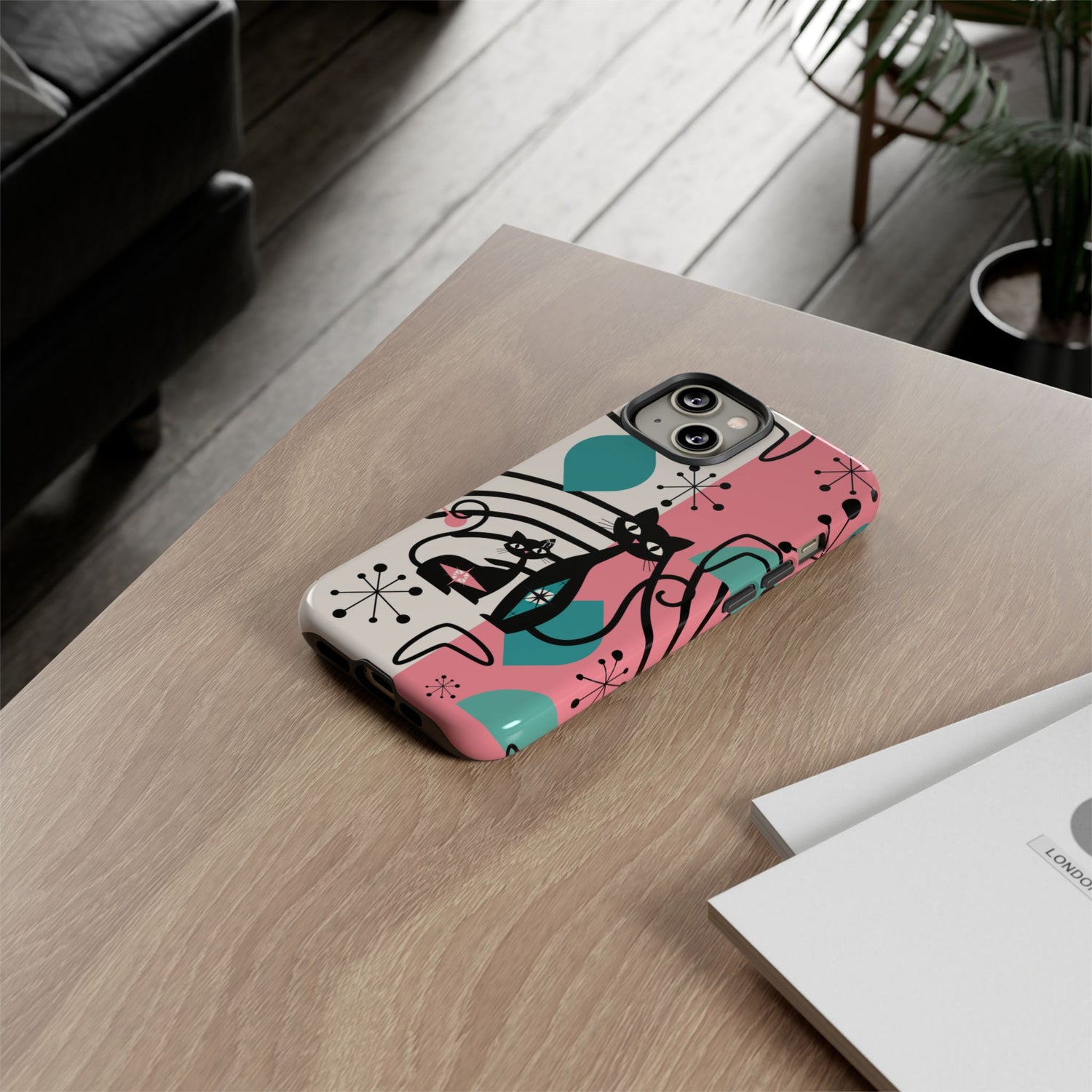 Mid Mod Atomic Cat Boomerang Starburst, Pink, Black Kitschy Stylish Cat Phone Case: Modern Design for Cat Lovers