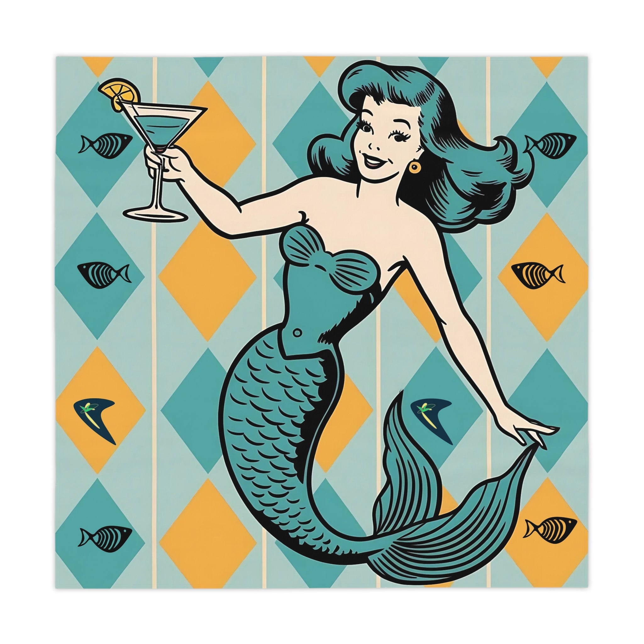 Vintage Mermaid Mid Century Modern Tablecloth Kitschy Retro Beach Decor - Mid Century Modern Gal