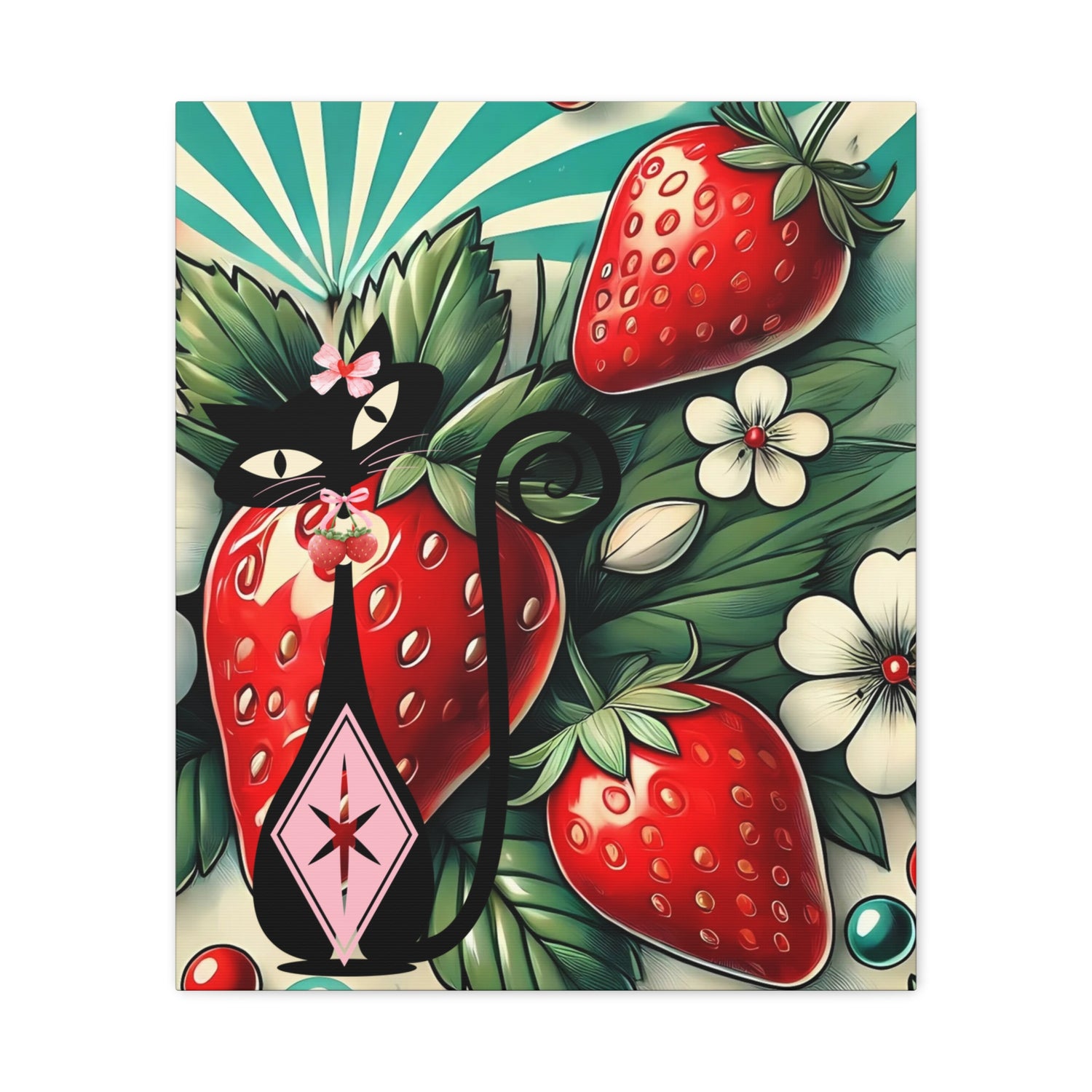 Retro Atomic Cat and Strawberry Wall Art Canvas - Vibrant Home Decor - Mid Century Modern Gal