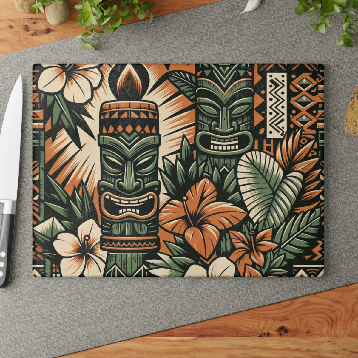 Tiki Idol, Polynesian Design, Green, Orange, Brown, Mid Century Modern Tiki Party Glass Cutting Board - Mid Century Modern Gal