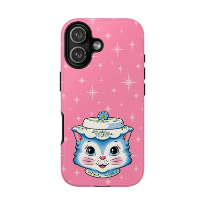 Mid Century Modern Kitschy Anthropomorphic Blue Cat with Floral Hat Tough Phone Case