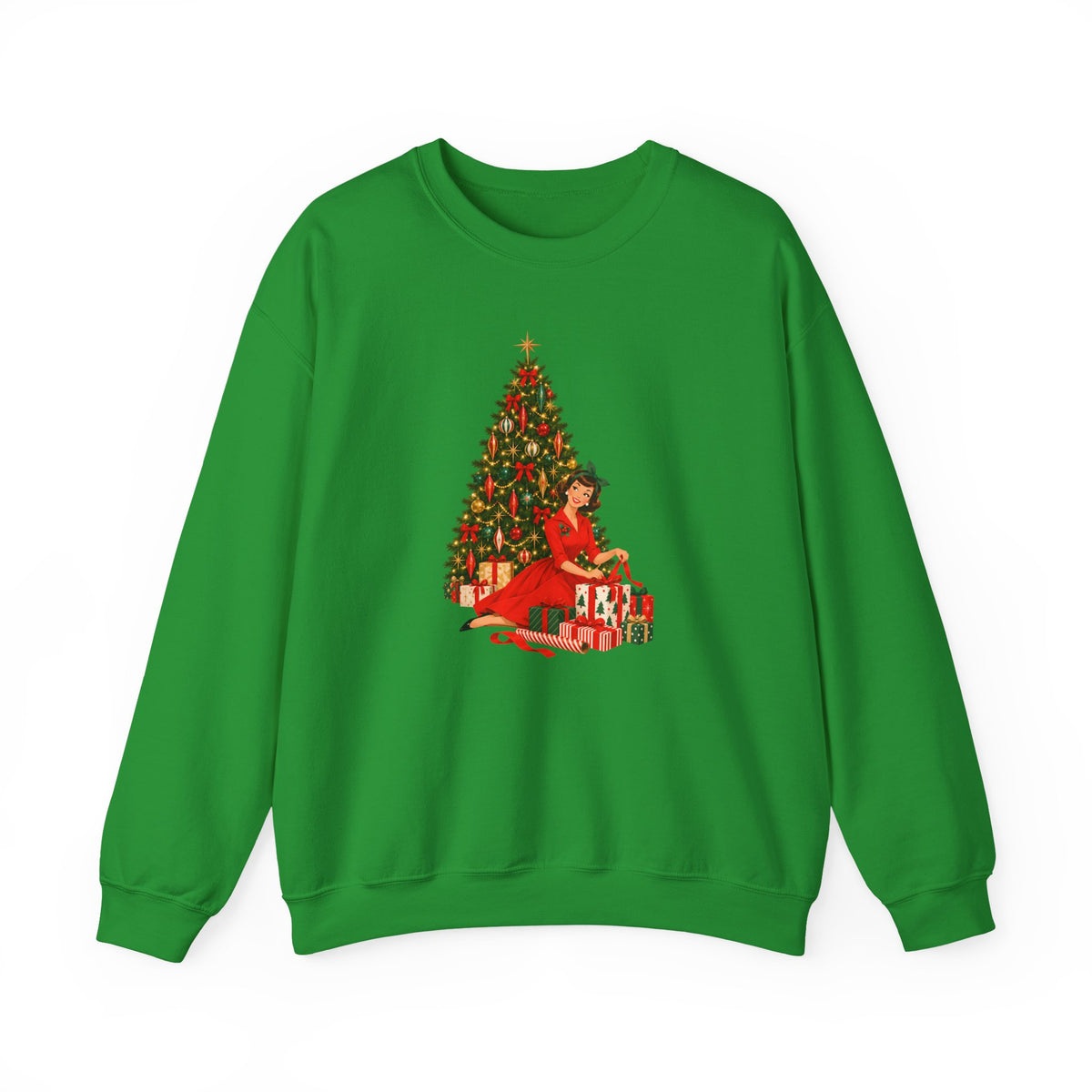 Mid Century Modern Christmas Glamour Gal Wrapping Presents by Tree Unisex Heavy Blend™ Crewneck Sweatshirt - Mid Century Modern Gal