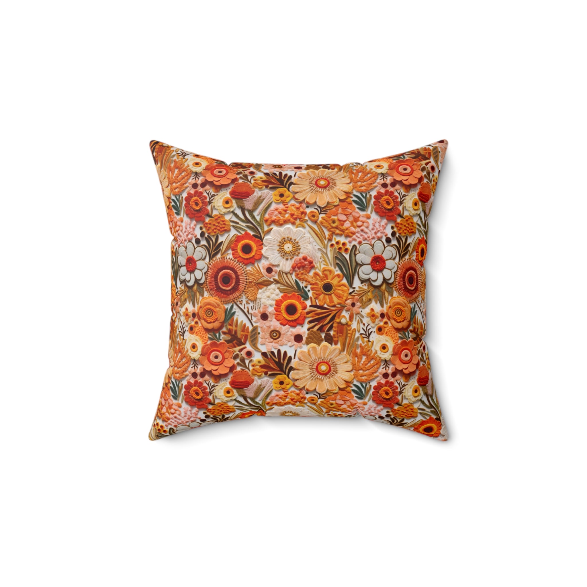 1970s Harvest Gold, Orange, Faux Embroidered Pillow And Insert